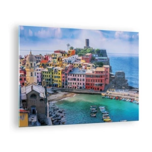 Üveg kép - Egy színes mediterrán város a kék tenger mellett - 70x50cm - Varázslatos mediterrán város - Modern fali dekoráció nappalihoz és hálószobához ARTTOR