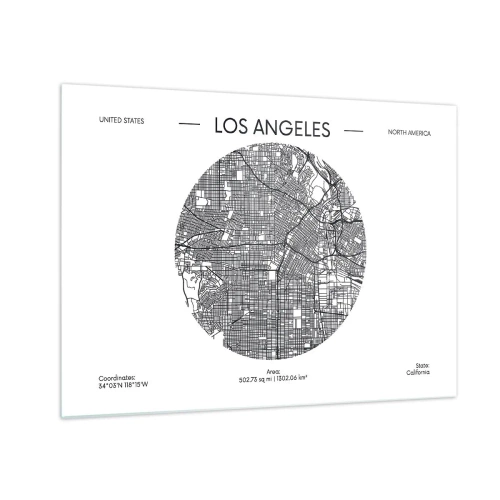 Üveg kép - Los Angeles minimalista fekete-fehér térképe. - 70x50cm - Los Angeles anatómiája - Modern fali dekoráció nappalihoz és hálószobához ARTTOR