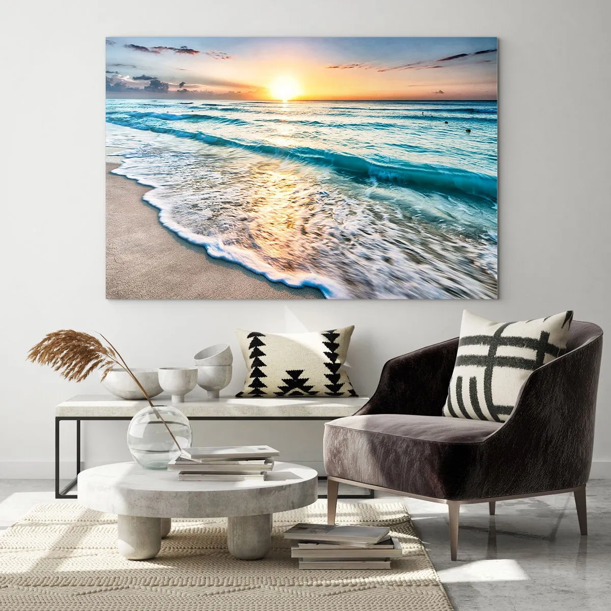 Üveg kép - Strand reggel hullámokkal és napfelkeltével - 70x50cm - Érdemes megnézni - Modern fali dekoráció nappalihoz és hálószobához ARTTOR
