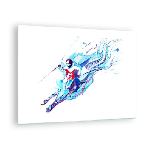 Üveg kép - Egy síelő dinamikus alakja absztrakt színekben - 70x50cm - Őrült rohanás a boldogsághoz - Modern fali dekoráció nappalihoz és hálószobához ARTTOR