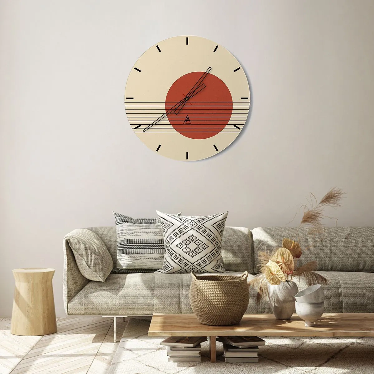 Falióra, Óra - Geometrikus motívum narancssárga körrel és fekete vonalakkal - 30x30cm - Körbe és tovább - Modern fali dekoráció nappalihoz, konyhához és hálószobához ARTTOR