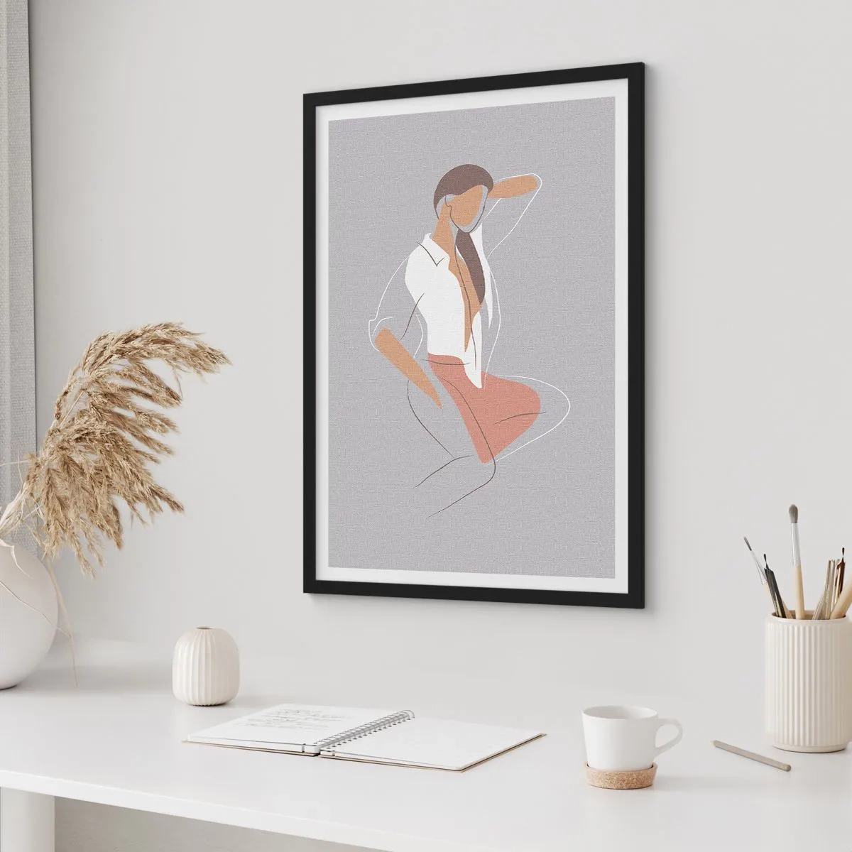 Poszter fehér keretben - Egy minimalista nő sziluettje szürke háttéren - 50x70cm - Kecsesség kontúrja - Modern fali dekoráció nappalihoz és hálószobához ARTTOR