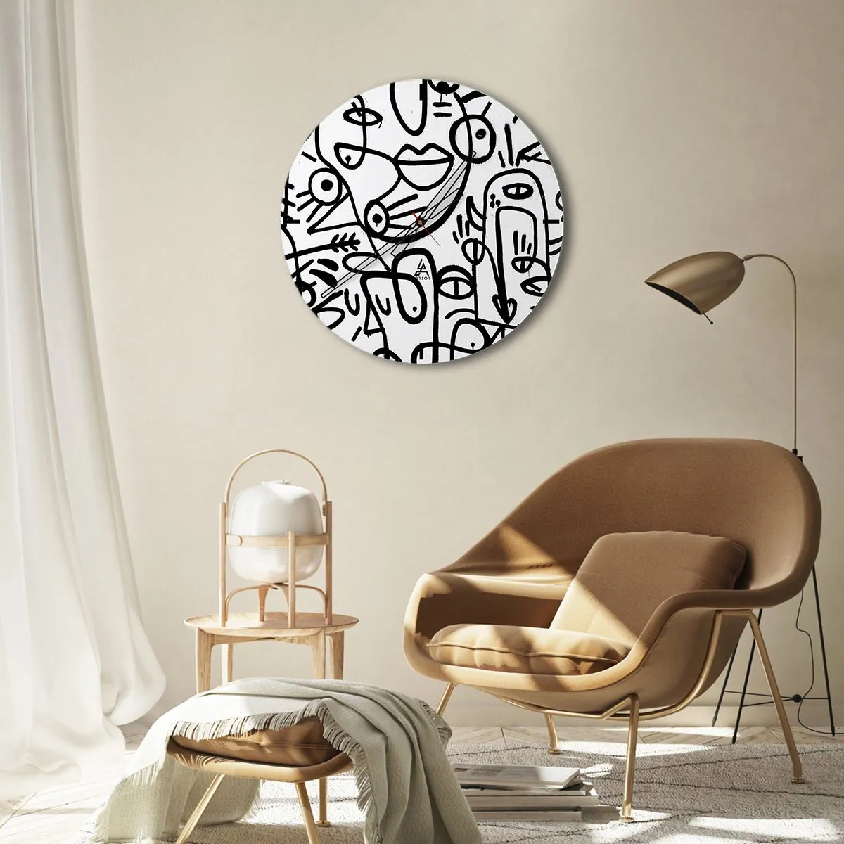 Falióra, Óra - Absztrakt vonalas arcok fehér háttéren - 30x30cm - Arcok és délibábok - Modern fali dekoráció nappalihoz, konyhához és hálószobához ARTTOR