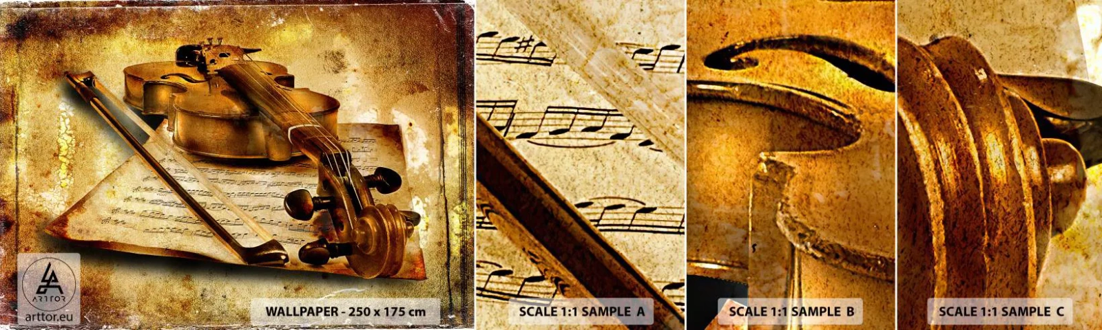 Fotótapéta Minta Standard Eco - Azonnal szükség van egy virtuózra - Hegedű, Zene, Hangjegyek - 100x30 cm