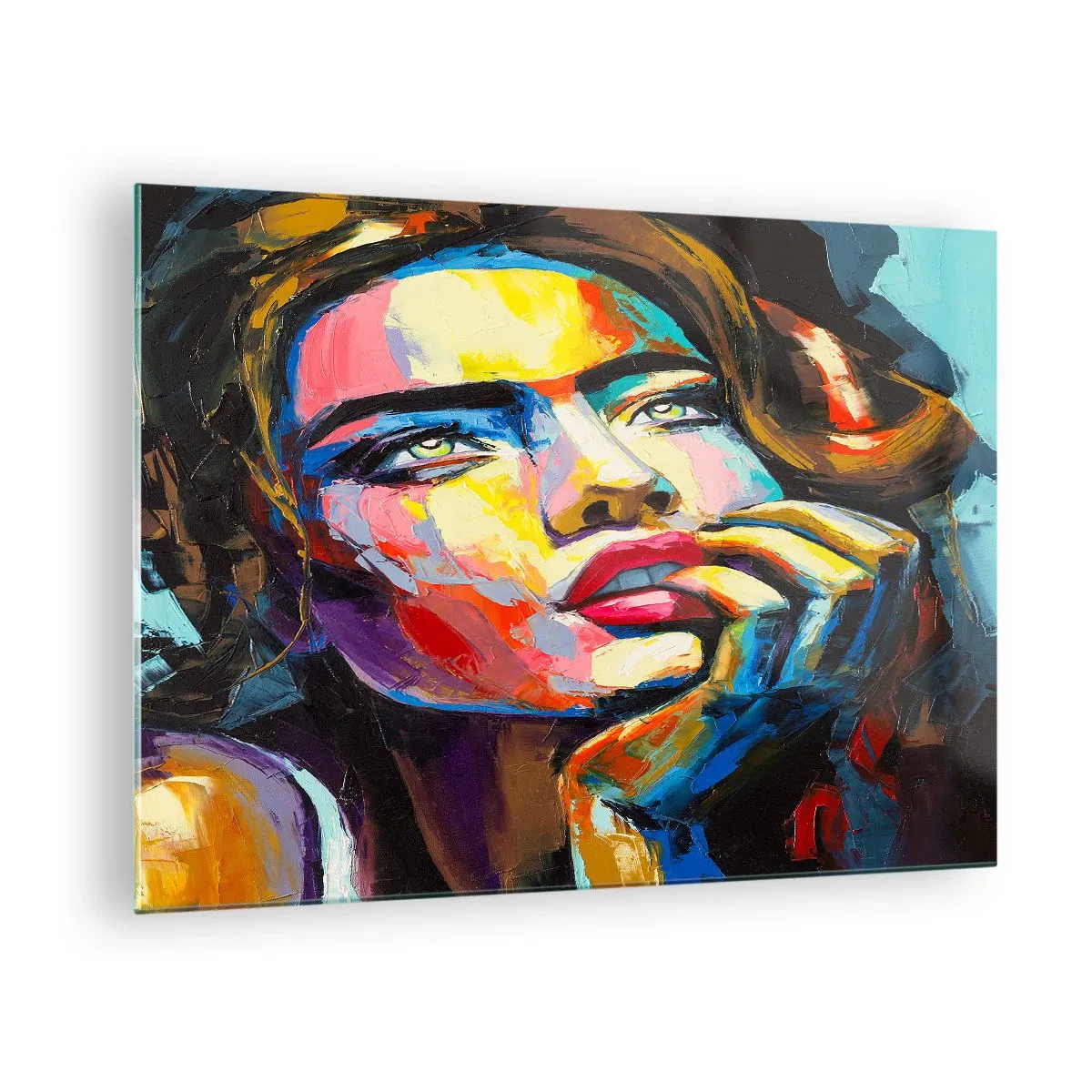 Üveg kép - Egy nő portréja intenzív absztrakt színekben - 70x50cm - Az álmok úgy repülnek az égen, mint a madarak - Modern fali dekoráció nappalihoz és hálószobához ARTTOR