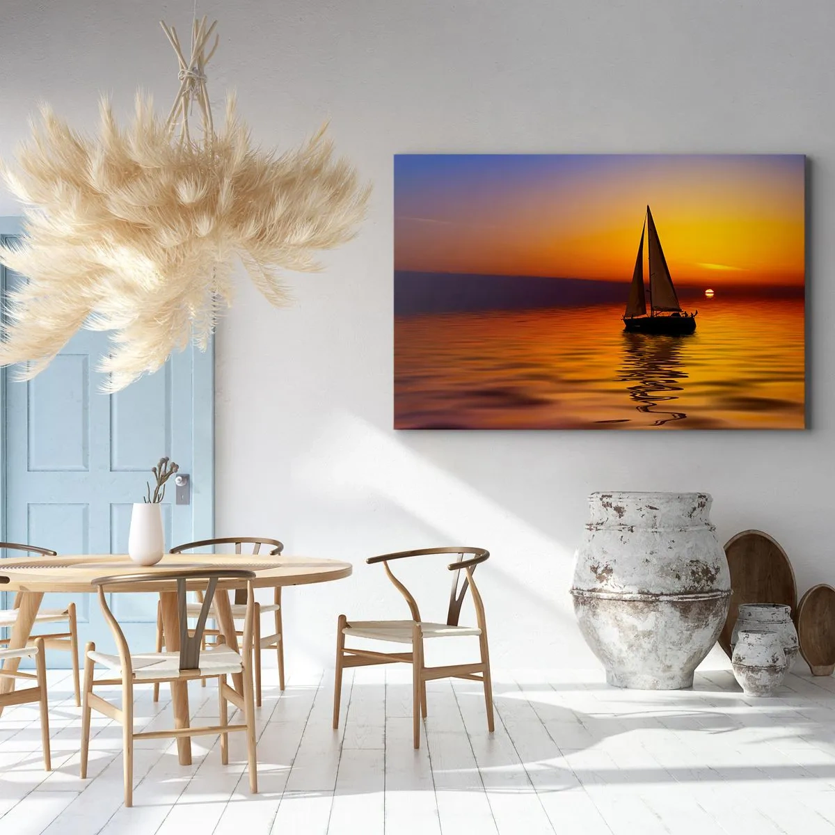 Vászonkép - Egy vitorlás a nyugodt tengeren naplementekor - 70x50cm - Csendesek a hajnalok... - Modern fali dekoráció nappalihoz és hálószobához ARTTOR
