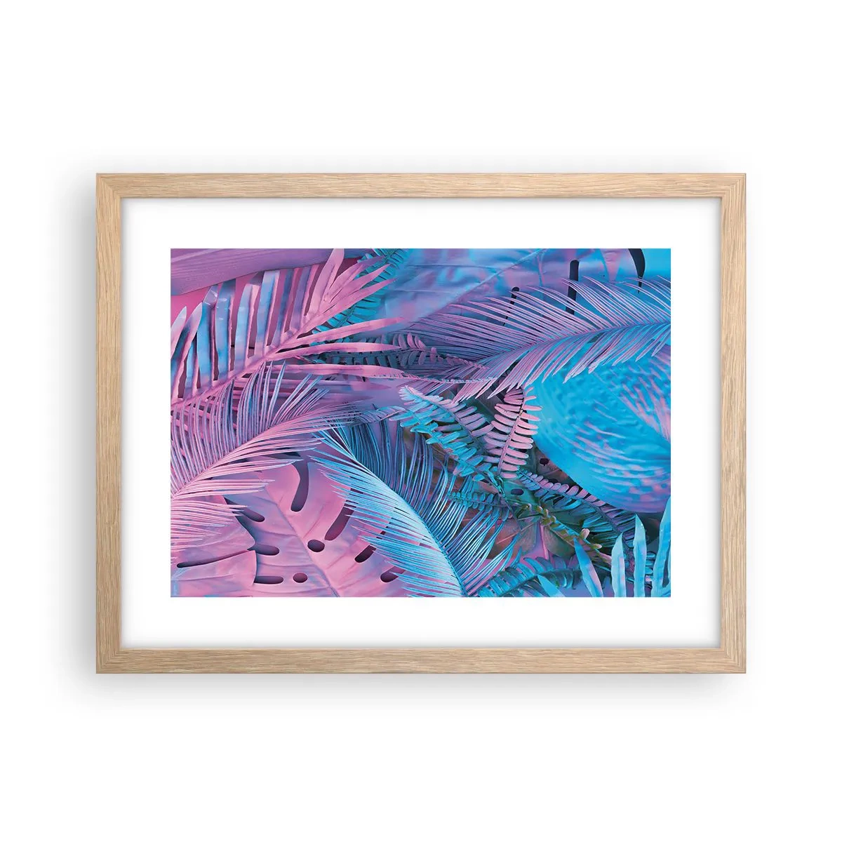Poszter világos tölgy keretben - Trópusok rózsaszínben és kékben - 40x30 cm