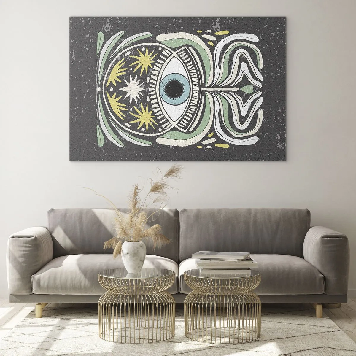 Üveg kép - Grafikus szem törzsi díszítéssel sötét háttér előtt - 70x50cm - Törzsi rituálék - Modern fali dekoráció nappalihoz és hálószobához ARTTOR