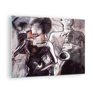 Üveg kép - Táncosok és egy szaxofonos művészi vázlatstílusban - 70x50cm - Oldódj fel a zenében - Modern fali dekoráció nappalihoz és hálószobához ARTTOR