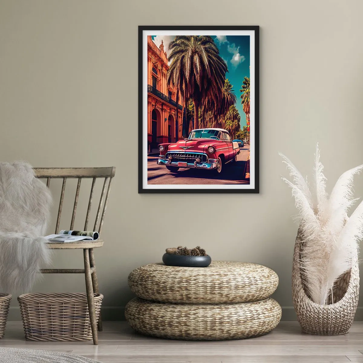 Poszter fehér keretben - Egy klasszikus autó egy trópusi város hátterében - 50x70cm - Még mindig Havannában - Modern fali dekoráció nappalihoz és hálószobához ARTTOR