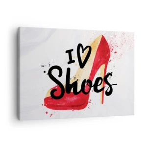 Vászonkép - Piros tűsarkú cipő, fehér alapon az „I love Shoes” felirattal - 70x50cm - A szerelemnek sok neve van - Modern fali dekoráció nappalihoz és hálószobához ARTTOR