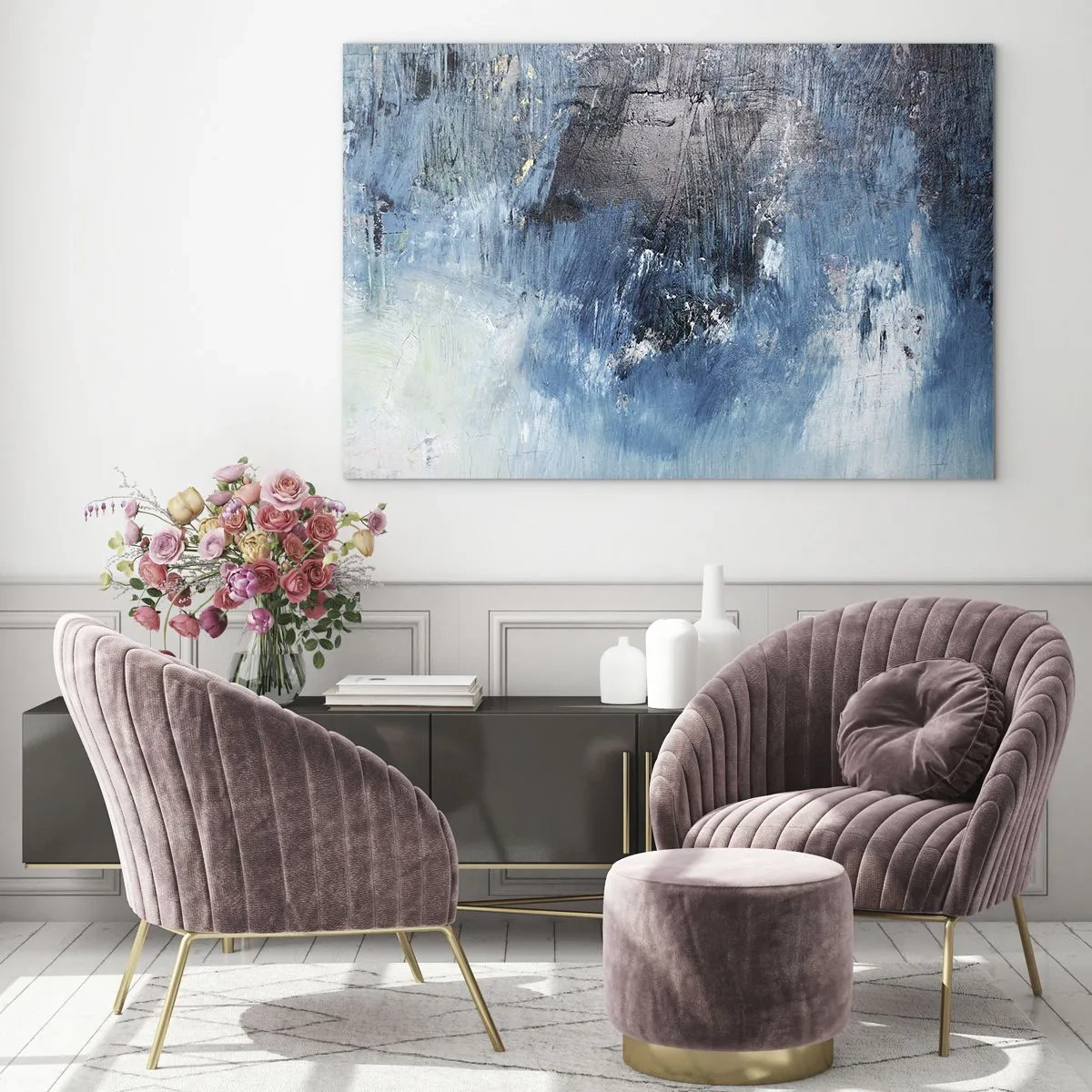 Üveg kép - Absztrakt kompozíció kék árnyalatokban - 70x50cm - Kék rapszódia - Modern fali dekoráció nappalihoz és hálószobához ARTTOR