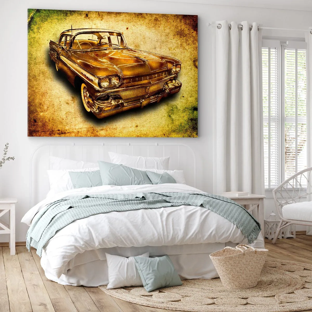 Vászonkép - Egy arany klasszikus retró autó vintage háttérrel, antikolt hatással. - 70x50cm - A klasszikusok örök szépsége - Modern fali dekoráció nappalihoz és hálószobához ARTTOR