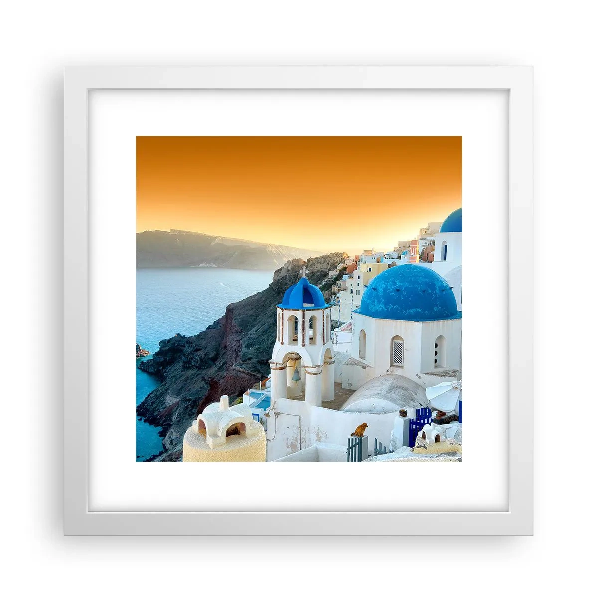 Poszter fekete keretben - Santorini – rásimulva a sziklákra - 30x30 cm