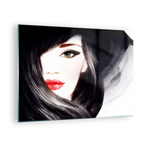 Üveg kép - Fekete hajú és kifejező vörös ajkakú nő portréja - 70x50cm - Zafír tekintet - Modern fali dekoráció nappalihoz és hálószobához ARTTOR