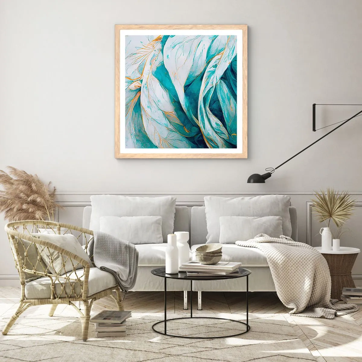 Poszter világos tölgy keretben - Kék absztrakció arany motívummal - 40x40 cm