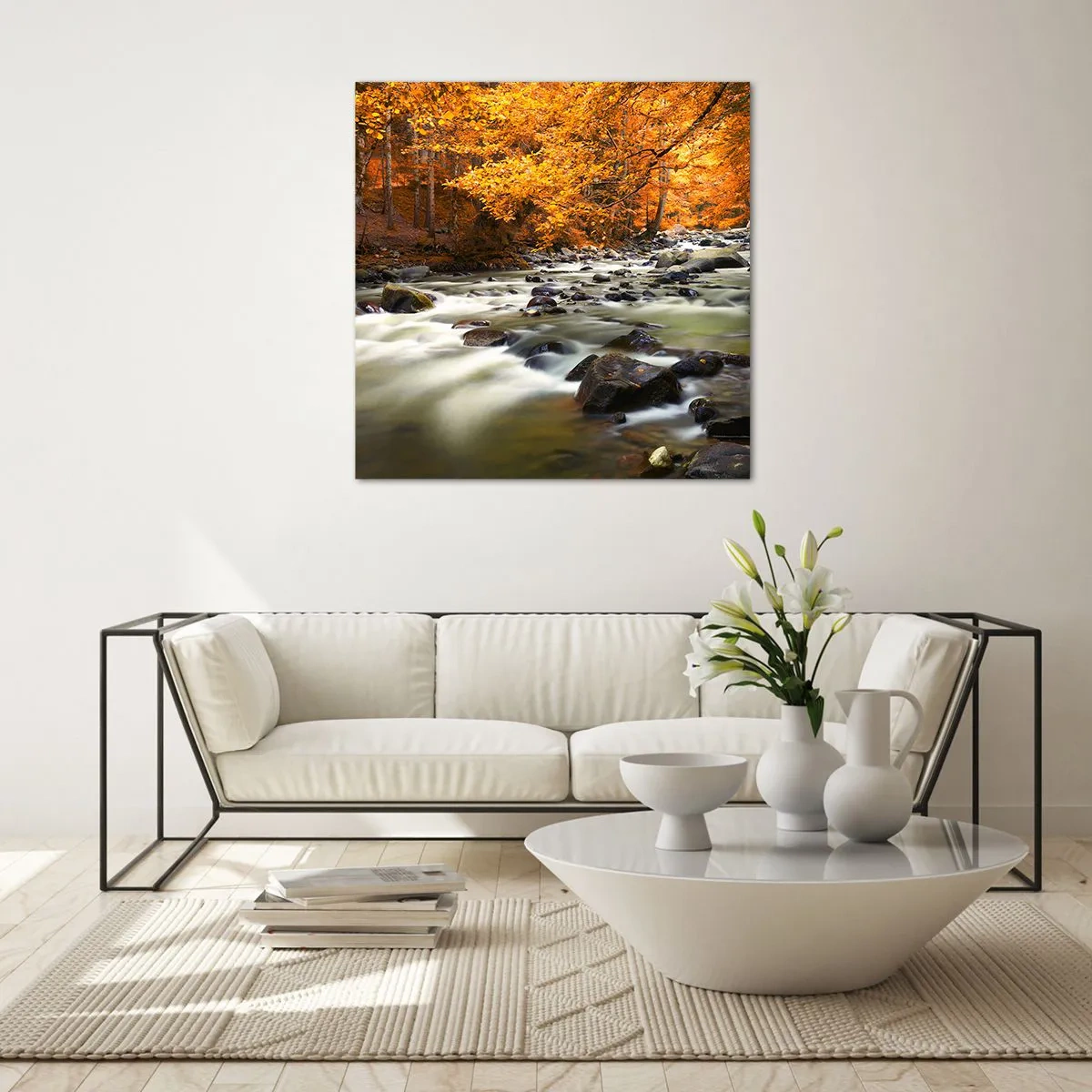 Üveg kép - Egy patak az aranyerdőben - 70x70 cm