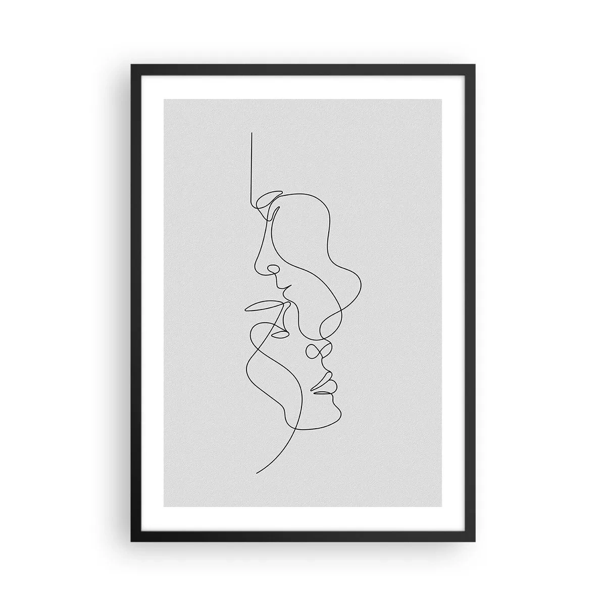Poszter fehér keretben - Két arc minimalista körvonala fekete színben, világos háttér előtt. - 50x70cm - Gyászos sóvárgás - Modern fali dekoráció nappalihoz és hálószobához ARTTOR