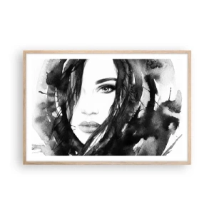 Poszter világos tölgy keretben - Fekete-fehér hölgy portréja - 91x61 cm