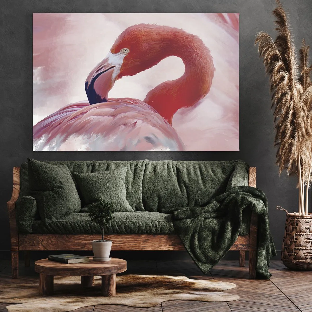 Vászonkép - Egy flamingó rózsaszín árnyalatokban világos háttér előtt - 70x50cm - Madári szépség - Modern fali dekoráció nappalihoz és hálószobához ARTTOR