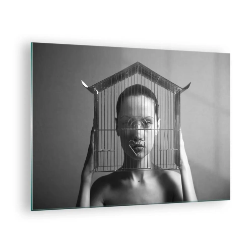 Üveg kép - Nő, arcán egy ház alakú ketrec fekete-fehérben - 70x50cm - Kissé szürreális portré - Modern fali dekoráció nappalihoz és hálószobához ARTTOR