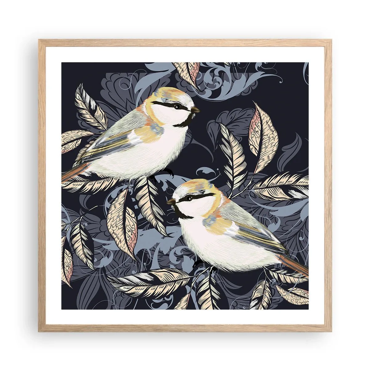 Poszter világos tölgy keretben - Sárga-kék madárdal - 60x60 cm