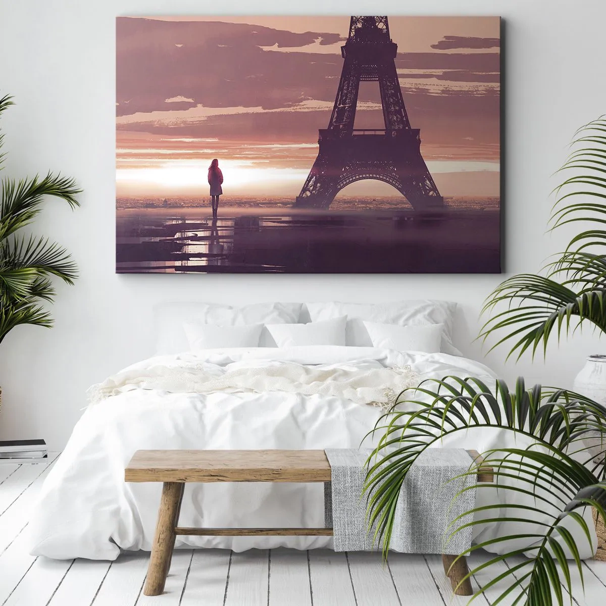 Vászonkép - Egy alak az Eiffel-tornyot nézi a lenyugvó nap fényében - 70x50cm - Csak ők ketten - Modern fali dekoráció nappalihoz és hálószobához ARTTOR