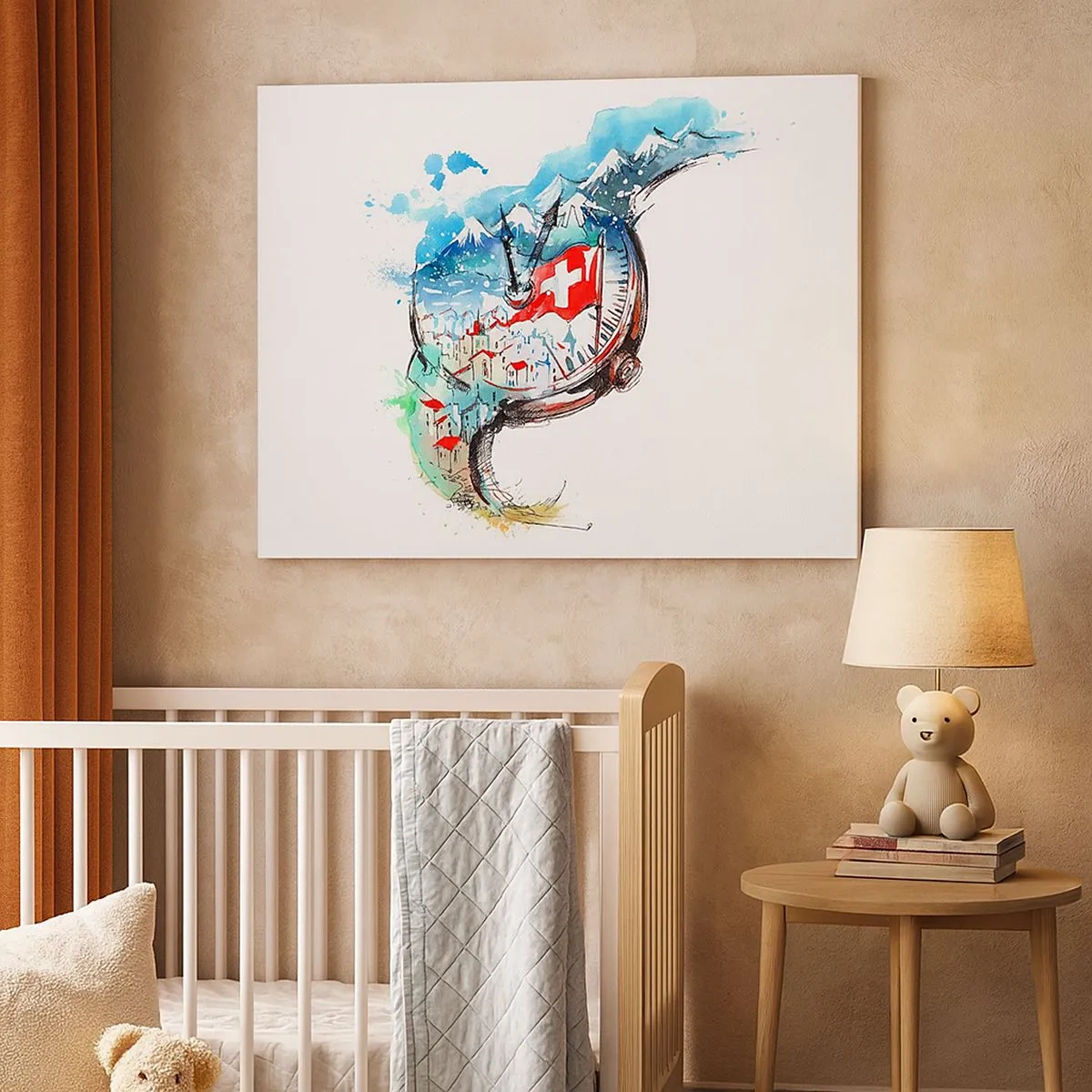 Vászonkép - Svájc akvarell tájképe óraszerkezettel - 70x50cm - Svájci szellemiség - Modern fali dekoráció nappalihoz és hálószobához ARTTOR