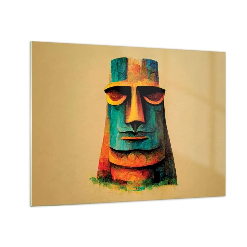 Üveg kép - Egy színes portré, amelyet egy bézs háttér előtt álló kőszobor ihletett. - 70x50cm - Szoborszerű és mégis szimpatikus - Modern fali dekoráció nappalihoz és hálószobához ARTTOR