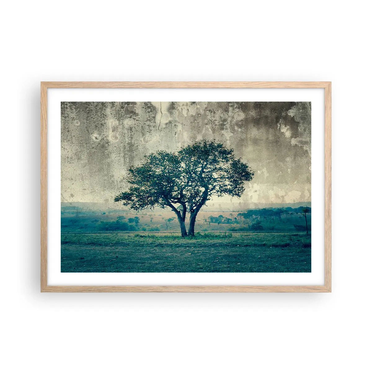 Poszter világos tölgy keretben - Almafa a kék mezőn? - 70x50 cm