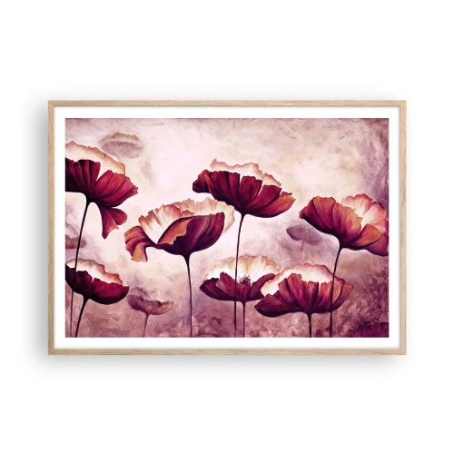 Poszter világos tölgy keretben - Piros és fehér szirom - 100x70 cm