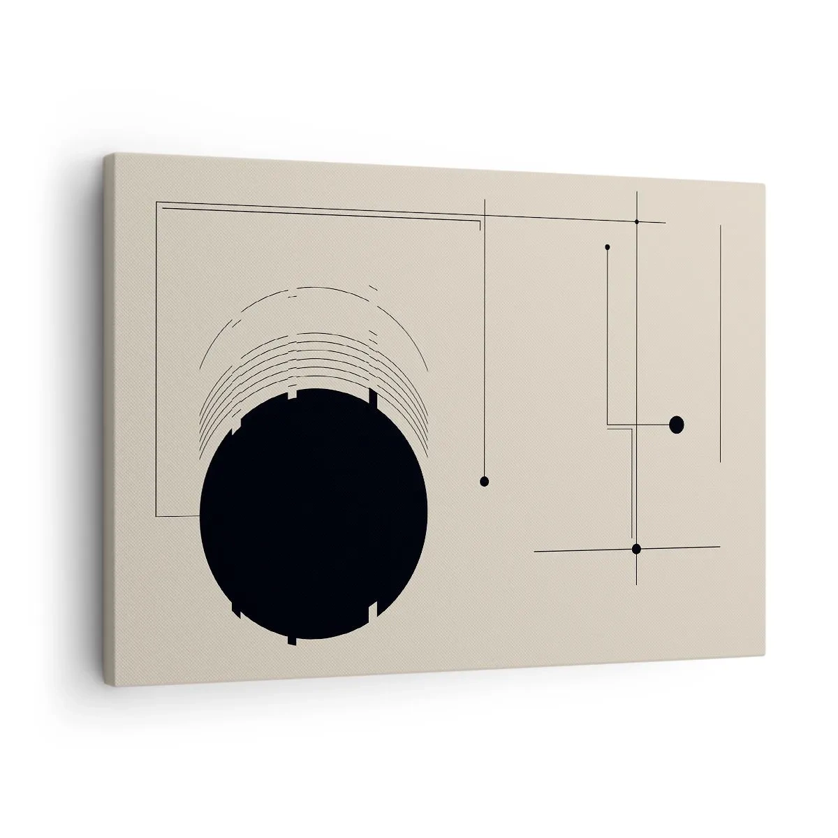 Vászonkép - Fekete geometrikus vonalak és egy kör bézs alapon - 70x50cm - Ruganyos és dinamikus kompozíció - Modern fali dekoráció nappalihoz és hálószobához ARTTOR