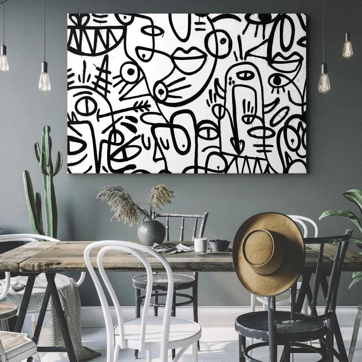 Vászonkép - Fekete-fehér absztrakt rajzok arcmotívumokkal - 70x50cm - Arcok és délibábok - Modern fali dekoráció nappalihoz és hálószobához ARTTOR