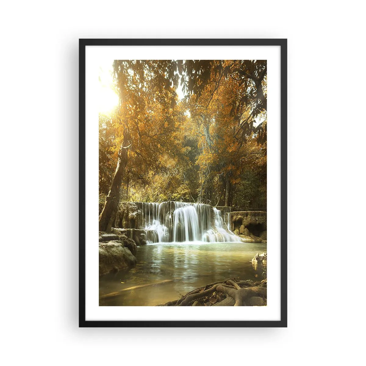 Poszter fehér keretben - Őszi vízesés a napfényben - 50x70cm - Park kaszkád - Modern fali dekoráció nappalihoz és hálószobához ARTTOR