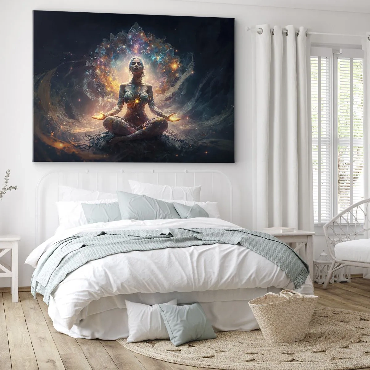 Vászonkép - Egy meditáló alak, energikus mintákkal és színekkel körülvéve. - 70x50cm - A jó energia áramlása - Modern fali dekoráció nappalihoz és hálószobához ARTTOR