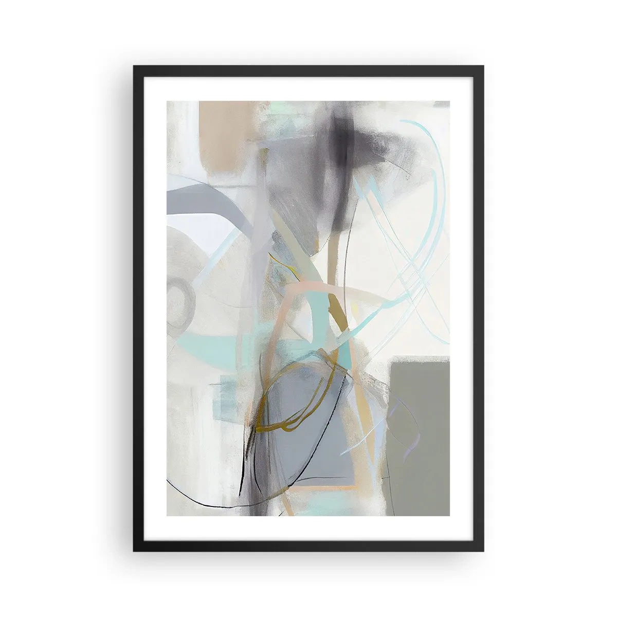 Poszter fehér keretben - Finom absztrakció szürke és kék árnyalatokban - 50x70cm - Ködös absztrakció - Modern fali dekoráció nappalihoz és hálószobához ARTTOR
