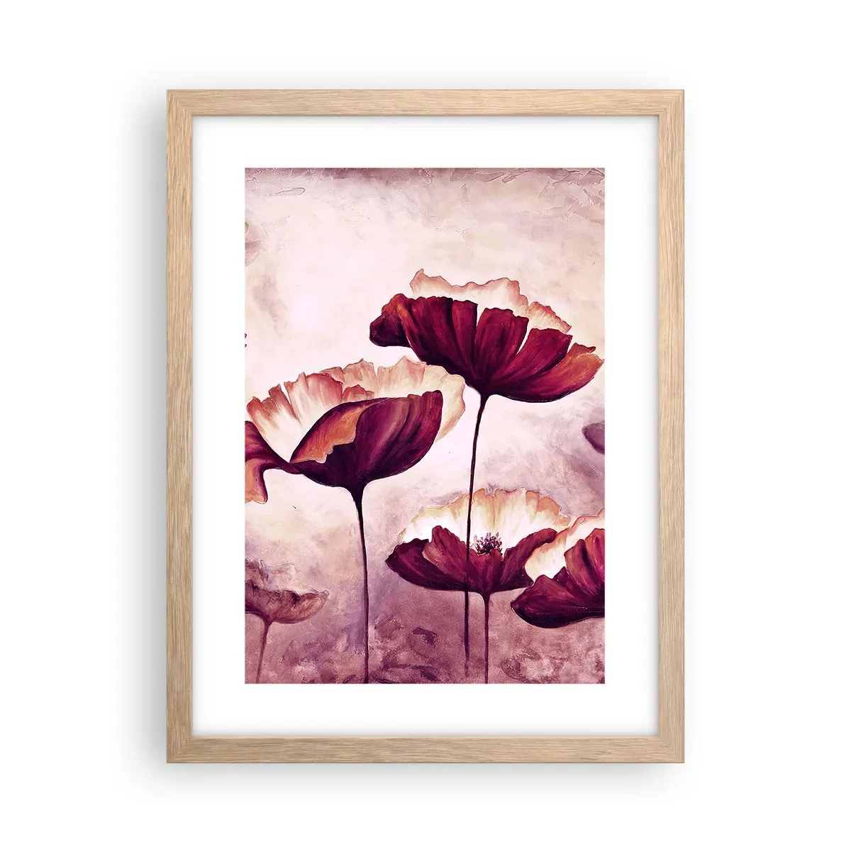 Poszter világos tölgy keretben - Piros és fehér szirom - 30x40 cm
