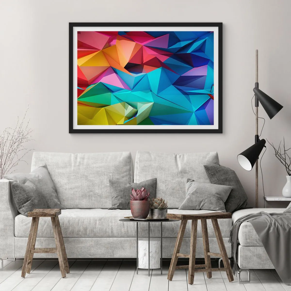 Poszter fehér keretben - Szivárvány origami - 100x70 cm