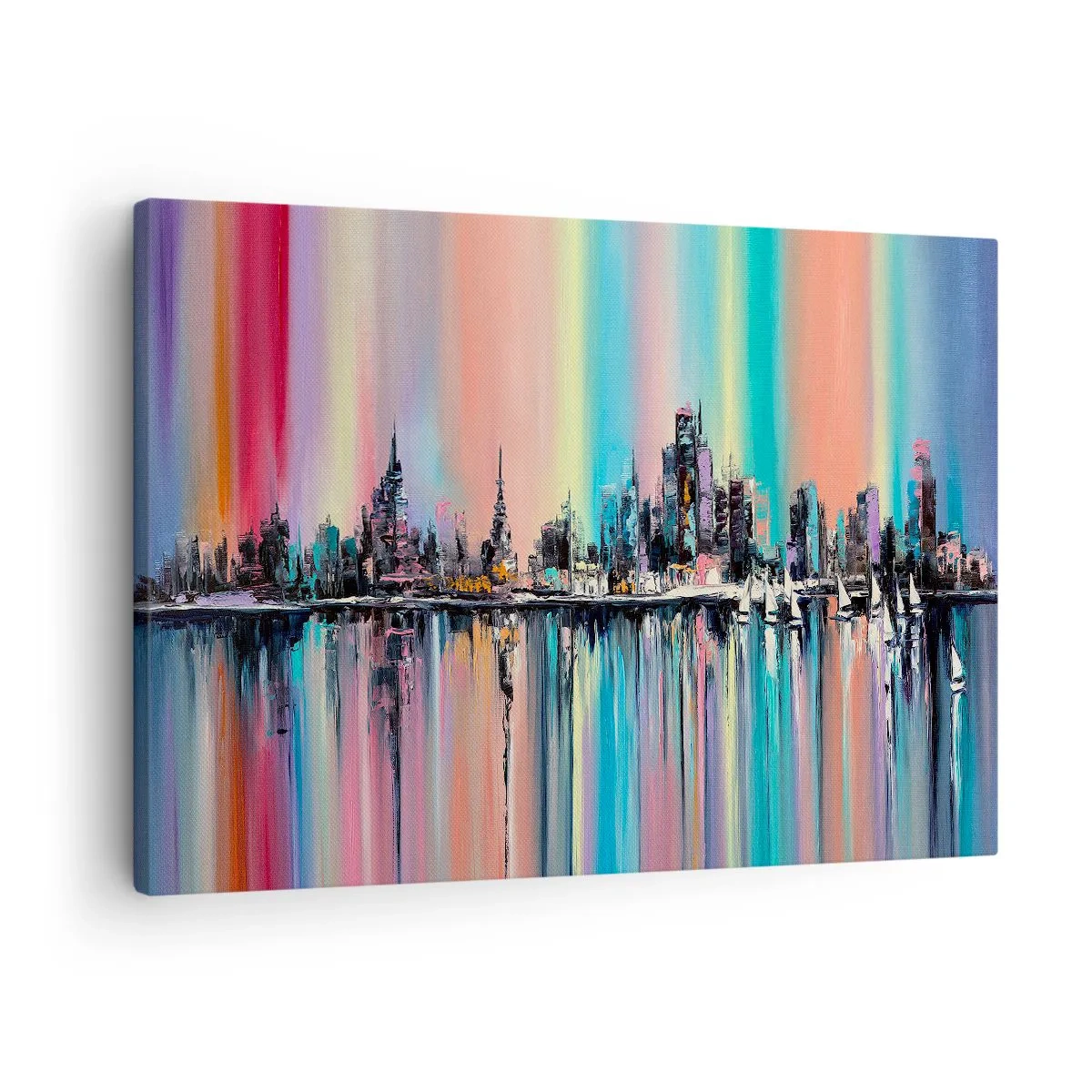 Vászonkép - Színes városkép tükröződéssel a vízen - 70x50cm - Lejönni az éjszaka fényében - Modern fali dekoráció nappalihoz és hálószobához ARTTOR
