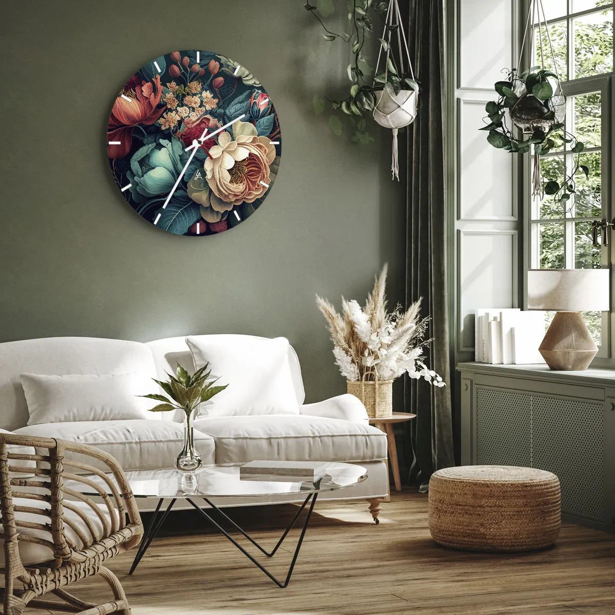 Falióra, Óra - Virágminta nagy pasztell és bordó virágokkal - 30x30cm - 19. századi báj - Modern fali dekoráció nappalihoz, konyhához és hálószobához ARTTOR