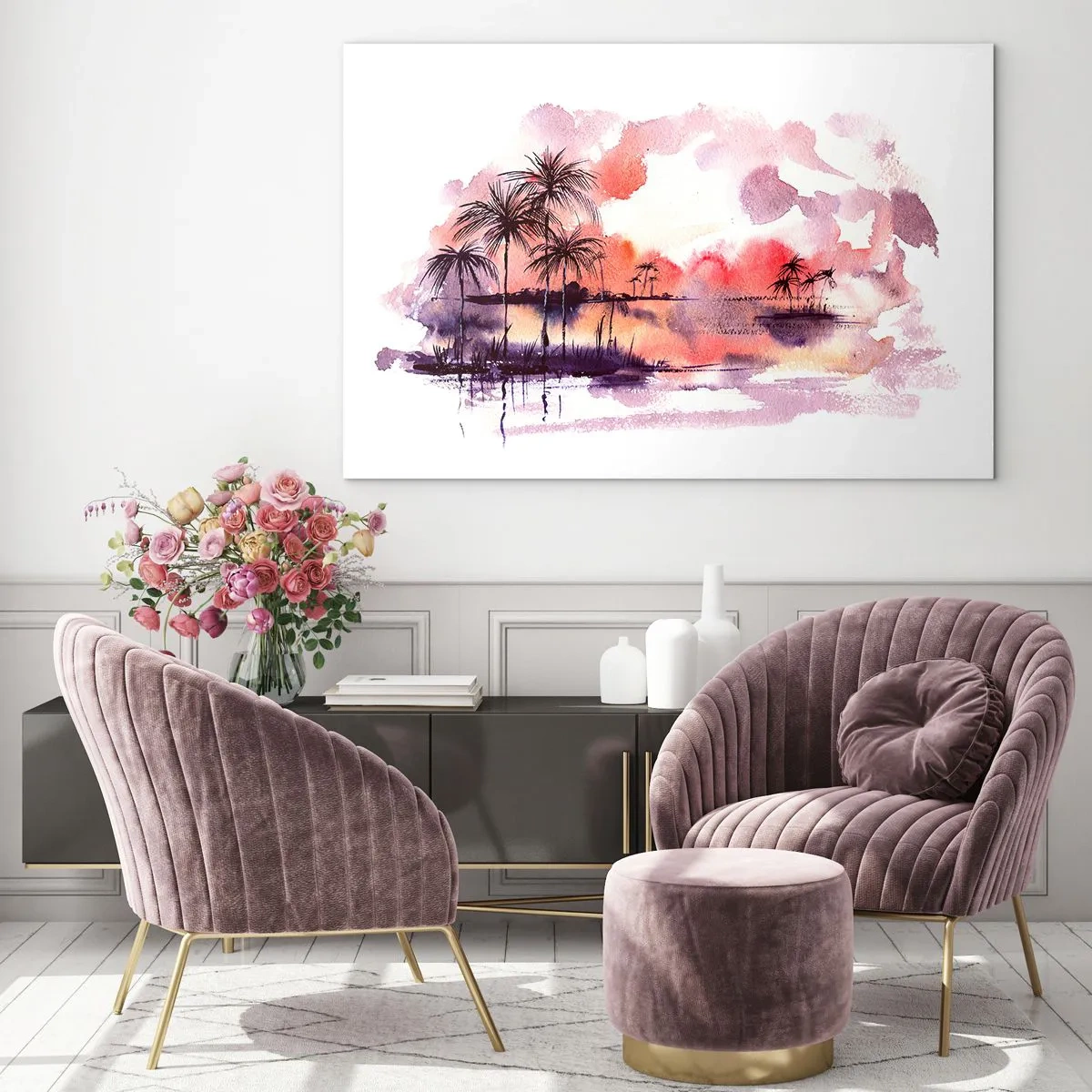 Üveg kép - Trópusi táj naplementekor akvarellben - 70x50cm - A trópusok nyugalma vörösben - Modern fali dekoráció nappalihoz és hálószobához ARTTOR