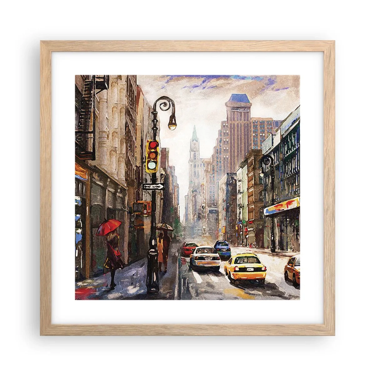 Poszter világos tölgy keretben - New York – esőben is színes - 40x40 cm