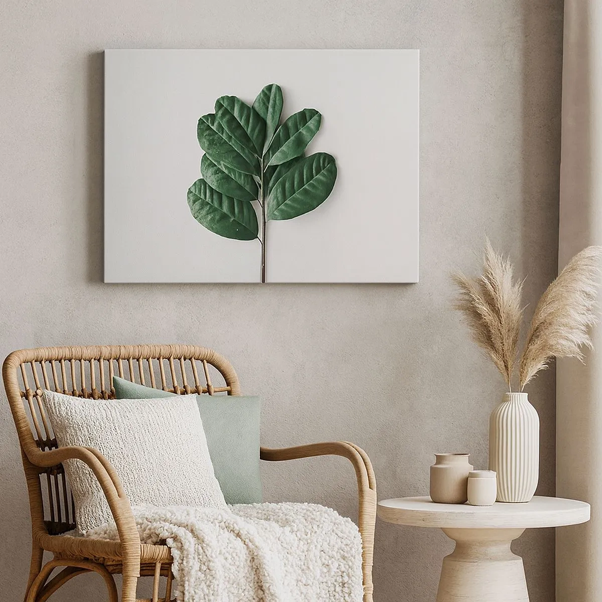 Vászonkép - Egy szál zöld levél világos háttér előtt - 70x50cm - Rajz csak a természetről - Modern fali dekoráció nappalihoz és hálószobához ARTTOR