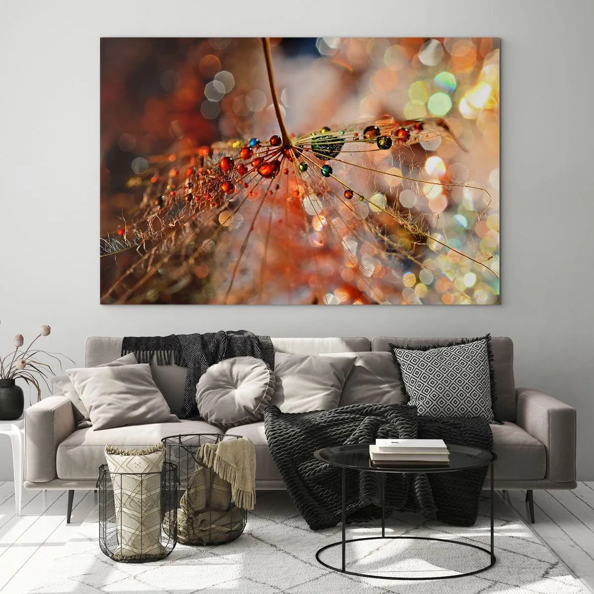 Üveg kép - Vízcseppek egy finom pókhálón bokeh fényben - 70x50cm - Pókszálra fűzve - Modern fali dekoráció nappalihoz és hálószobához ARTTOR