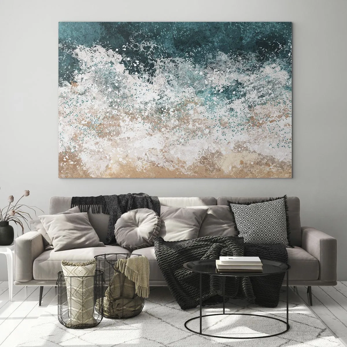 Üveg kép - Absztrakt tengerhullám türkiz, fehér és homokos bézs árnyalatokban - 70x50cm - Tengeri történetek - Modern fali dekoráció nappalihoz és hálószobához ARTTOR