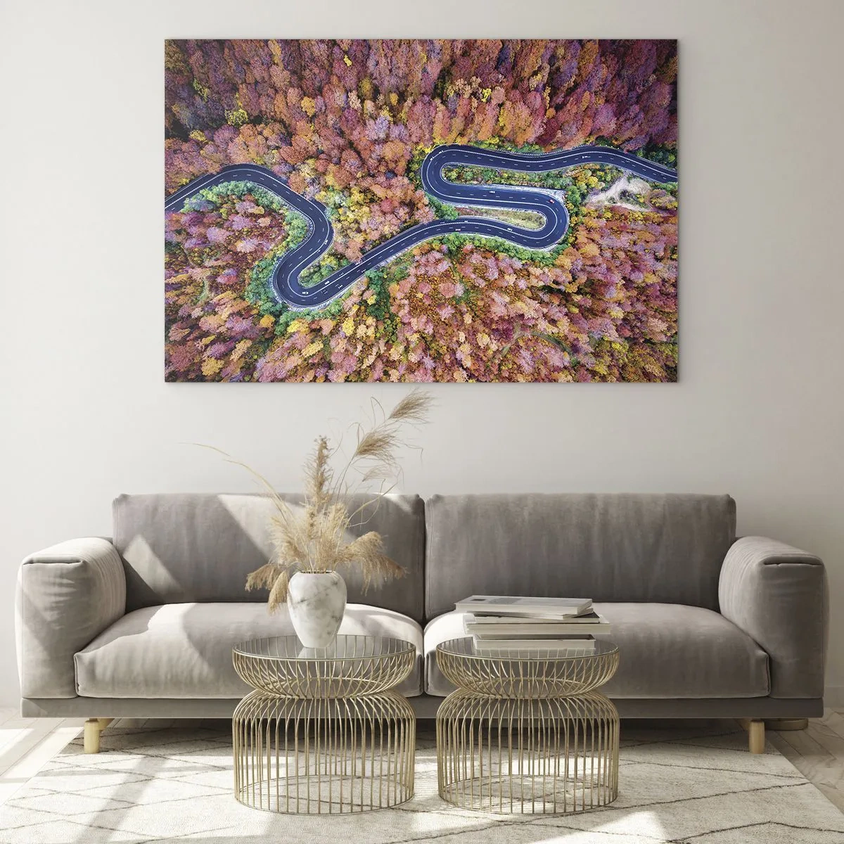 Üveg kép - Madártávlatból egy kanyargós út színes őszi fák között - 70x50cm - Kanyargós út az erdőn keresztül - Modern fali dekoráció nappalihoz és hálószobához ARTTOR