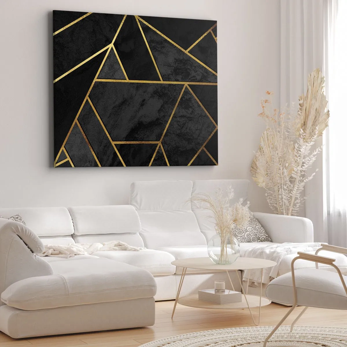 Vászonkép - Geometrikus arany minta fekete alapon - 70x50cm - Sötétség és ragyogás - Modern fali dekoráció nappalihoz és hálószobához ARTTOR