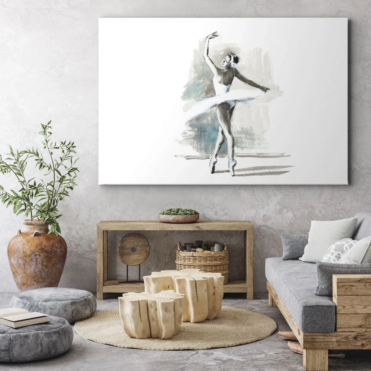 Vászonkép - Egy balett-táncos balettpózban, finom akvarelltónusokkal tarkított háttér előtt. - 70x50cm - Hattyúvá varázsolva - Modern fali dekoráció nappalihoz és hálószobához ARTTOR