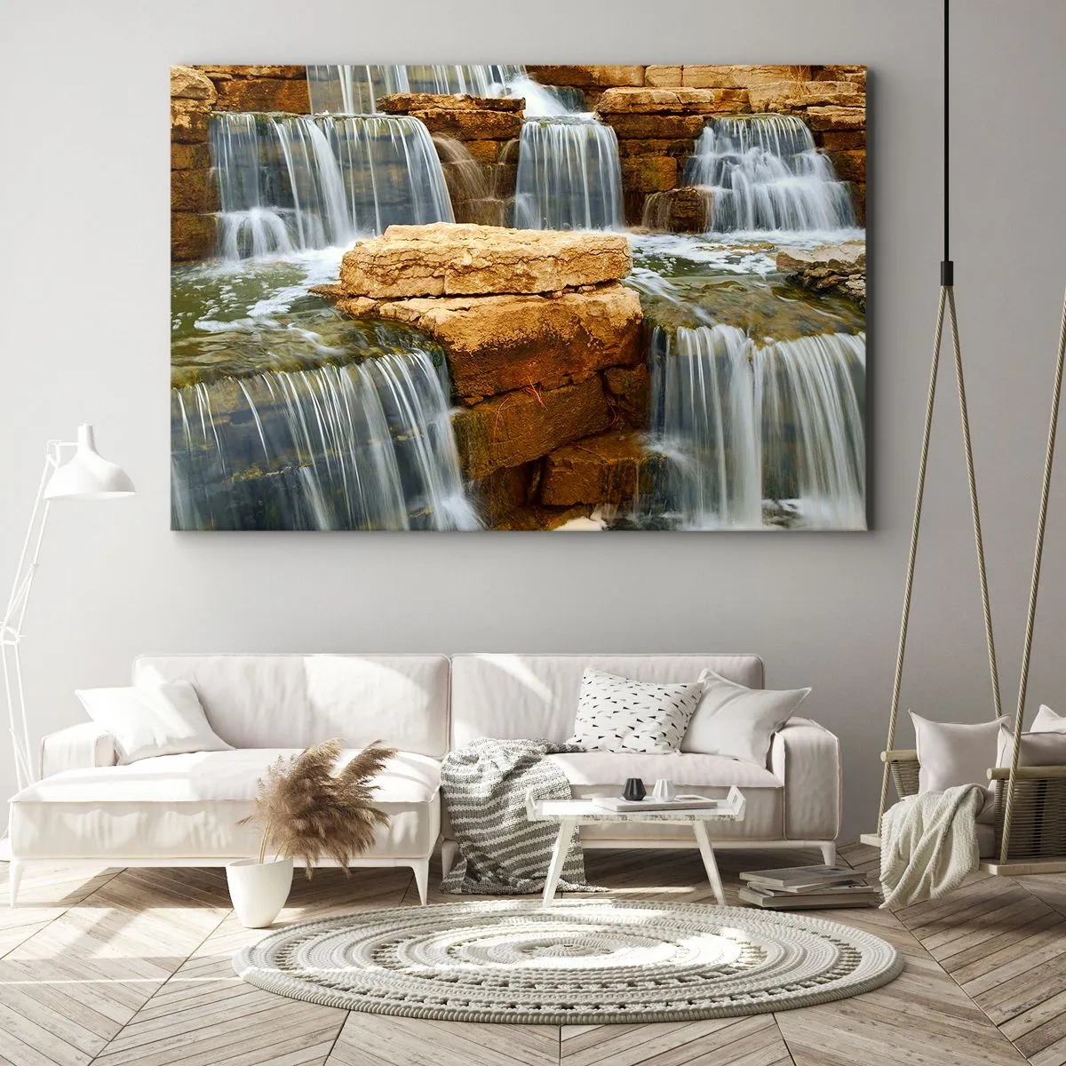 Vászonkép - Egy vízesés folyik le kőlépcsőkön - 70x50cm - Lépcső a menybe - Modern fali dekoráció nappalihoz és hálószobához ARTTOR