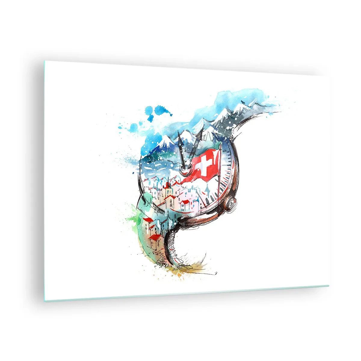 Üveg kép - Svájci tájkép akvarellfestménye zászlóval és órával - 70x50cm - Svájci szellemiség - Modern fali dekoráció nappalihoz és hálószobához ARTTOR